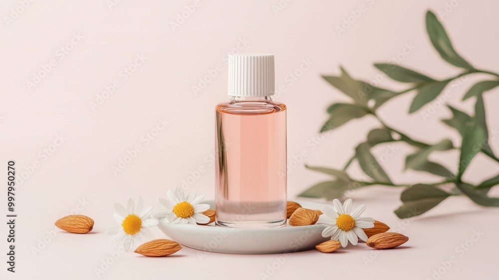 A delicate bottle of pink oil sits on a white dish surrounded by daisies and almonds, showcasing a soothing, natural aesthetic. A delicate bottle of pink oil sits on a white dish surrounded by daisies and almonds, showcasing a soothing, natural aesthetic.