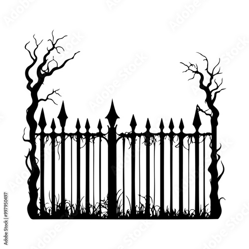Scary creepy Halloween fence, graveyard fencing. Element of scary decor. Isolated on a white background.