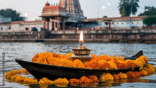 A decorative lamp floats on a river, surrounded by marigold flowers, with a temple visible in the background photo