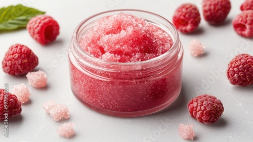 Raspberry lip scrub in a glass jar with fresh raspberries and mint leaves, placed on a granite surface.