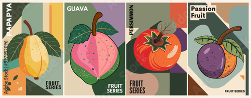 Set of Abstract Fruit Market retro posters. Trendy contemporary wall arts with fruit design in vivid bright colors. Modern naive groovy funky interior decorations, paintings. Vector illustrations.