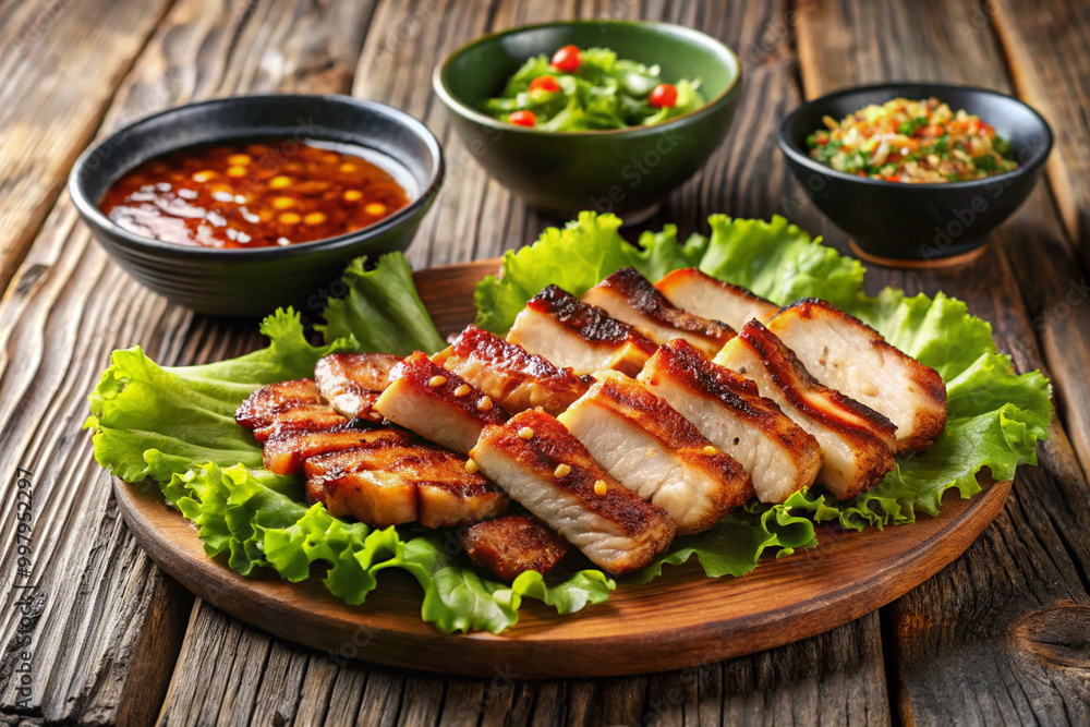 Grilled pork belly slices served on bed of fresh lettuce, accompanied by vibrant salads and dipping sauces, create delightful and savory meal experience Grilled pork belly slices served on bed of fresh lettuce, accompanied by vibrant salads and dipping sauces, create delightful and savory meal experience