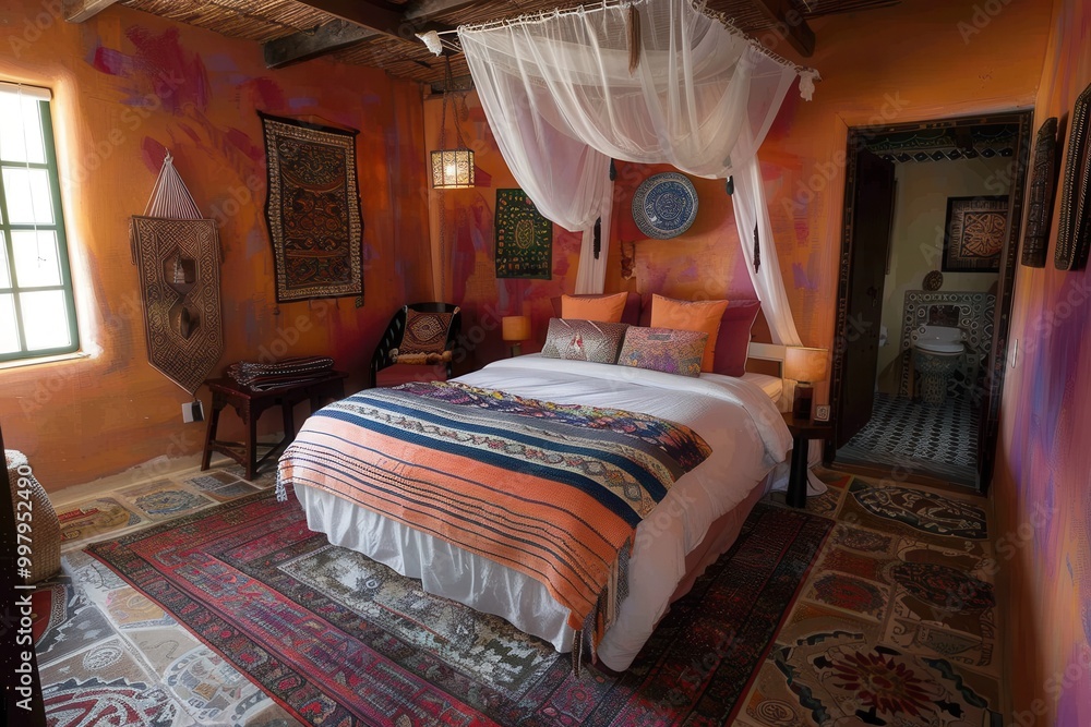 Fototapeta premium A colorful bedroom with a bed, a chair, and a table