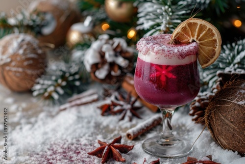 Mulled wine Colada with mulled wine and coconut, served in a stylish glass, winter holiday background, copy space