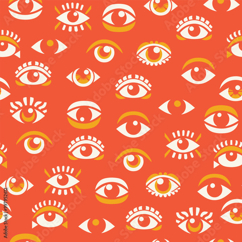 Vibrant Eye Motif Seamless Pattern in Bold Orange and Yellow Color Scheme Repeating All-Seeing Eye Design in Vector Format for Digital and Print Projects