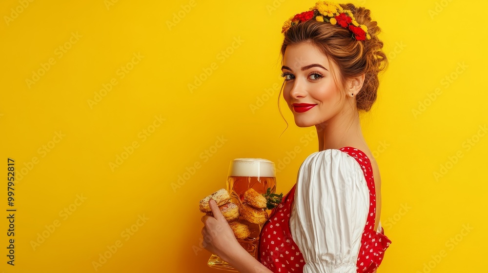 A stunning waitress in traditional Oktoberfest attire stands against a vibrant yellow backdrop, carrying a refreshing beer and an assortment of delectable snacks. A stunning waitress in traditional Oktoberfest attire stands against a vibrant yellow backdrop, carrying a refreshing beer and an assortment of delectable snacks.