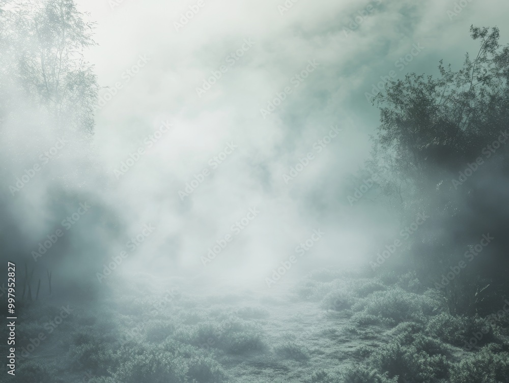 2408 23.Low-lying white fog spreads across the ground, creating a surreal and mysterious mood. The dense smoke moves gently, shrouding the surroundings in an ethereal haze, perfect for adding an