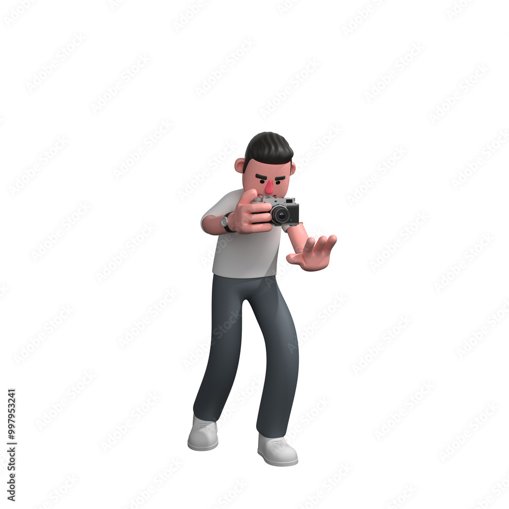 3D Photographer Male in Professional Setting. A male photographer is holding a camera in his right hand, his body position is slightly bent with his left hand extended forward. Media 3D Photographer Male in Professional Setting. A male photographer is holding a camera in his right hand, his body position is slightly bent with his left hand extended forward. Media