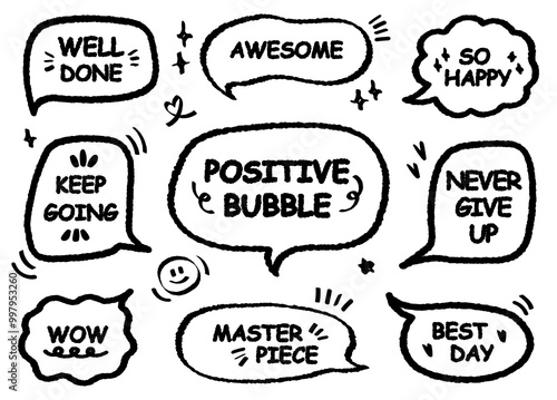 Comic style cute quote outline speech bubble with positive words. Set of hand drawn memo frame. Cartoon doodle crayon drawing cloud, box, message. Flat vector Best Day Awesome Masterpiece Happy WOW