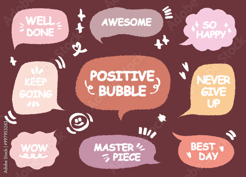 Comic style cute quote colorful speech bubble with positive words. Set of hand drawn memo frame. Cartoon doodle crayon drawing cloud, box, message. Flat vector. Best Awesome WOW Master Piece Go Well