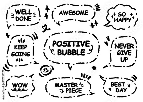 Comic style cute quote outline speech bubble with positive words. Set of hand drawn memo frame. Cartoon doodle crayon drawing cloud, box, message. Flat vector Best Day Awesome Masterpiece Happy WOW
