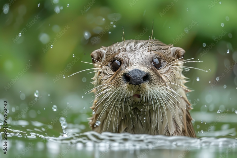 A wet otter is swimming in a body of water A wet otter is swimming in a body of water