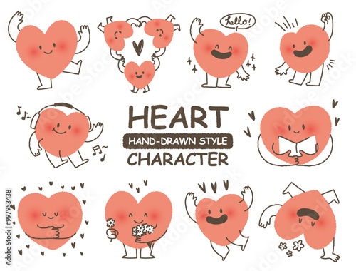 cute hand drawn style heart shape character sticker. Variety of love symbol concept crayon drawing doodles. Health, lovely, running hearts icon set. Cartoon style Romantic valentine's day vector set.