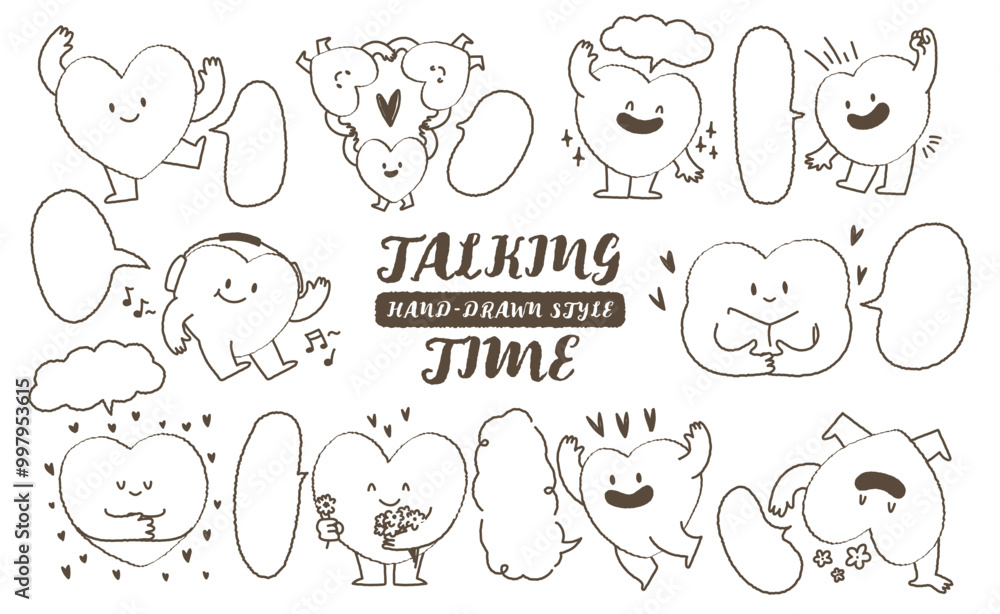 Fototapeta premium cute hand drawn style heart shape character with speech bubble. Variety of outline love symbol concept crayon drawing doodles blank to text. Health lovely, running hearts icon set. Romantic valentine