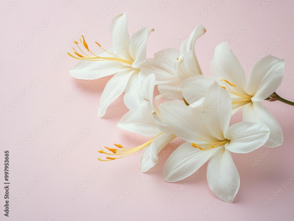 Naklejka premium 2408 44.A simple and elegant arrangement of white flowers with bright yellow stamens placed delicately on a pale pink background. The smooth texture of the petals contrasts beautifully with the