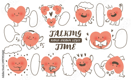 cute hand drawn style heart shape character with speech bubble. Variety of love symbol concept crayon drawing doodles blank to text. Health lovely, running hearts icon set. Romantic valentine. balloon