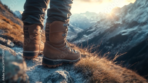 Hiking boots stand on rocky terrain, overlooking a breathtaking mountain landscape during sunset, capturing the spirit of adventure and exploration. photo