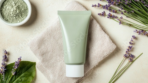 A green skincare tube lies on a textured cloth, surrounded by lavender and a small bowl of clay, embodying natural beauty and relaxation.
