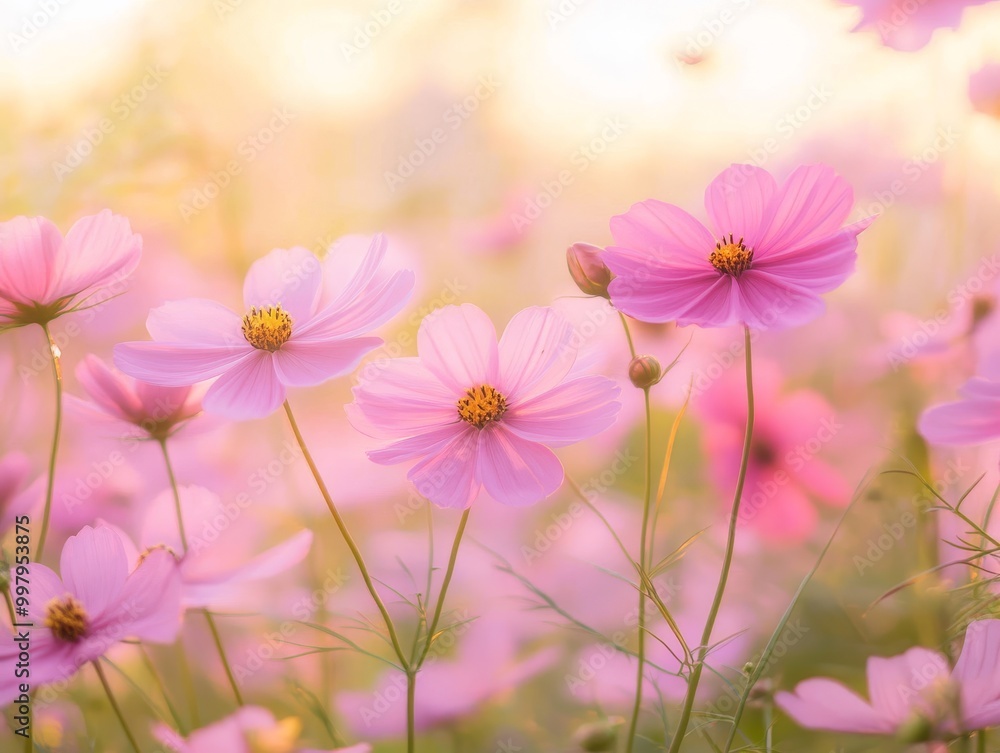 2408 50.A picturesque field of pink cosmos flowers in full bloom, bathed in the soft light of sunrise. The delicate petals sway gently in the breeze, with the vibrant hues of the flowers creating a 2408 50.A picturesque field of pink cosmos flowers in full bloom, bathed in the soft light of sunrise. The delicate petals sway gently in the breeze, with the vibrant hues of the flowers creating a