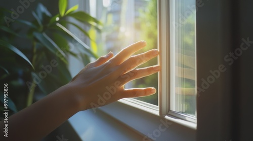 A hand reaches toward a window, letting in warm sunlight, surrounded by lush greenery, conveying a sense of openness and connection with nature. Free Download A hand reaches toward a window, letting in warm sunlight, surrounded by lush greenery, conveying a sense of openness and connection with nature. - GFXLoad