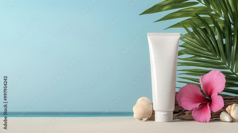 A simple skincare tube rests on sandy shores with seashells and a vibrant flower, set against a serene blue backdrop. A simple skincare tube rests on sandy shores with seashells and a vibrant flower, set against a serene blue backdrop.