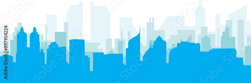 Blue panoramic city skyline poster with bluish misty transparent background buildings of JAKARTA, INDONESIA