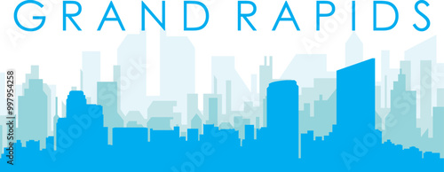 Blue panoramic city skyline poster with bluish misty transparent background buildings of GRAND RAPIDS, UNITED STATES