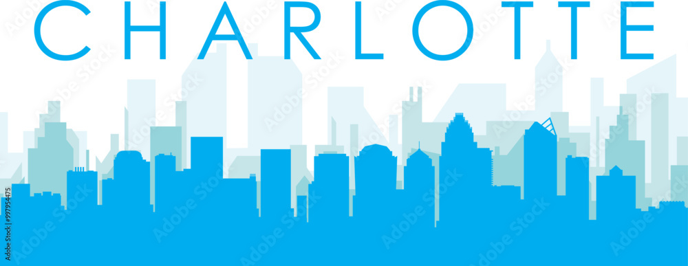 Fototapeta premium Blue panoramic city skyline poster with bluish misty transparent background buildings of CHARLOTTE, UNITED STATES
