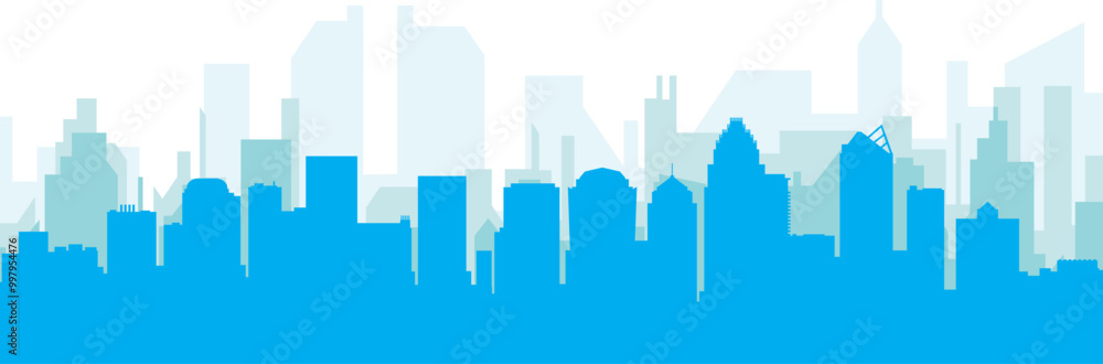 Fototapeta premium Blue panoramic city skyline poster with bluish misty transparent background buildings of CHARLOTTE, UNITED STATES