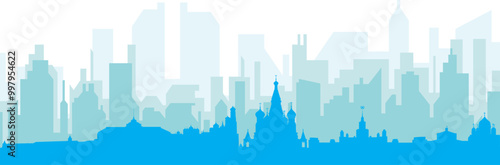 Blue panoramic city skyline poster with bluish misty transparent background buildings of MOSCOW, RUSSIA