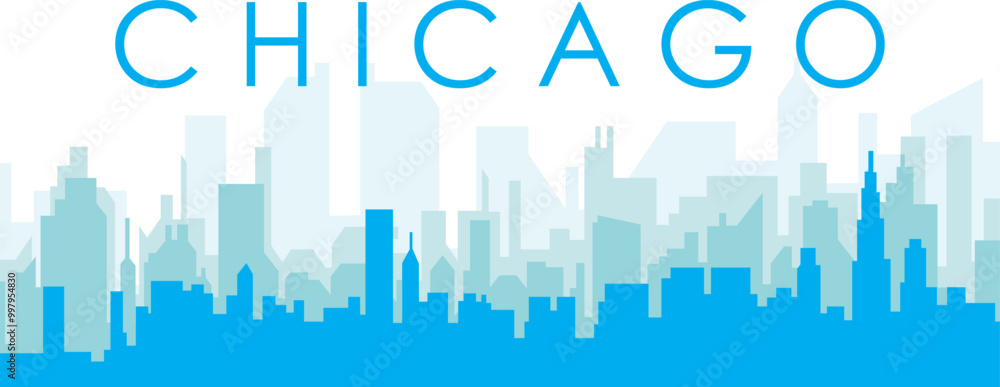 Obraz premium Blue panoramic city skyline poster with bluish misty transparent background buildings of CHICAGO, UNITED STATES