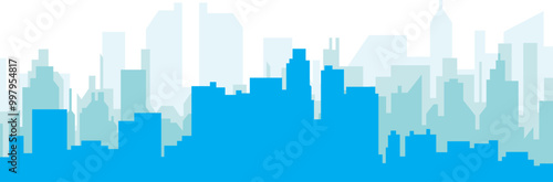 Blue panoramic city skyline poster with bluish misty transparent background buildings of LOS ANGELES, UNITED STATES