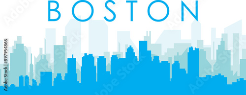 Blue panoramic city skyline poster with bluish misty transparent background buildings of BOSTON, UNITED STATES photo