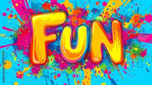 Fun typography art with a splash of vibrant colors on a blue background in an exciting, energetic composition photo