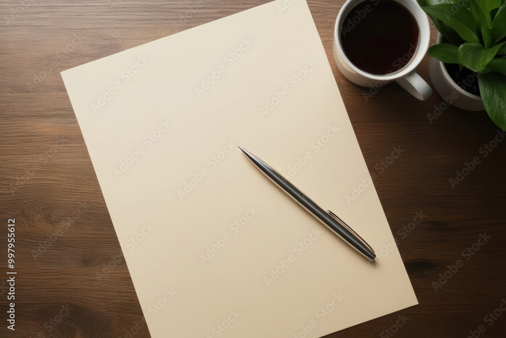 A blank sheet of paper on a wooden table, the perfect blank for a mockup, ready to accept any ideas and creative designs A blank sheet of paper on a wooden table, the perfect blank for a mockup, ready to accept any ideas and creative designs