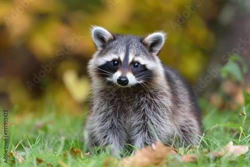 A raccoon is standing in a grassy field with leaves on the ground