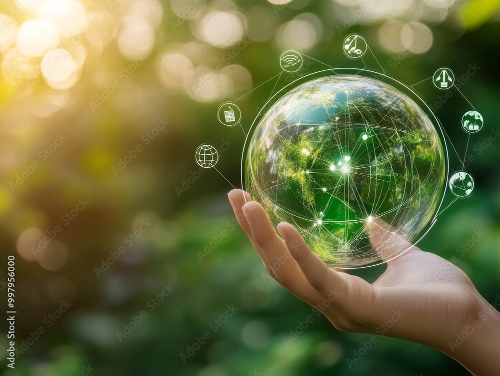 2408 97.A hand cradles a transparent globe with ESG icons orbiting around it. The visual emphasizes the integration of environmental, social, and governance practices in business, with a focus on 2408 97.A hand cradles a transparent globe with ESG icons orbiting around it. The visual emphasizes the integration of environmental, social, and governance practices in business, with a focus on