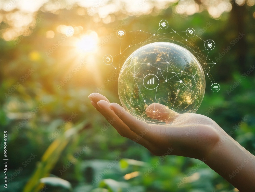 2408 97.A hand cradles a transparent globe with ESG icons orbiting around it. The visual emphasizes the integration of environmental, social, and governance practices in business, with a focus on 2408 97.A hand cradles a transparent globe with ESG icons orbiting around it. The visual emphasizes the integration of environmental, social, and governance practices in business, with a focus on