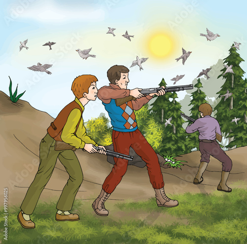 Three hunters are hunting birds in the forest.