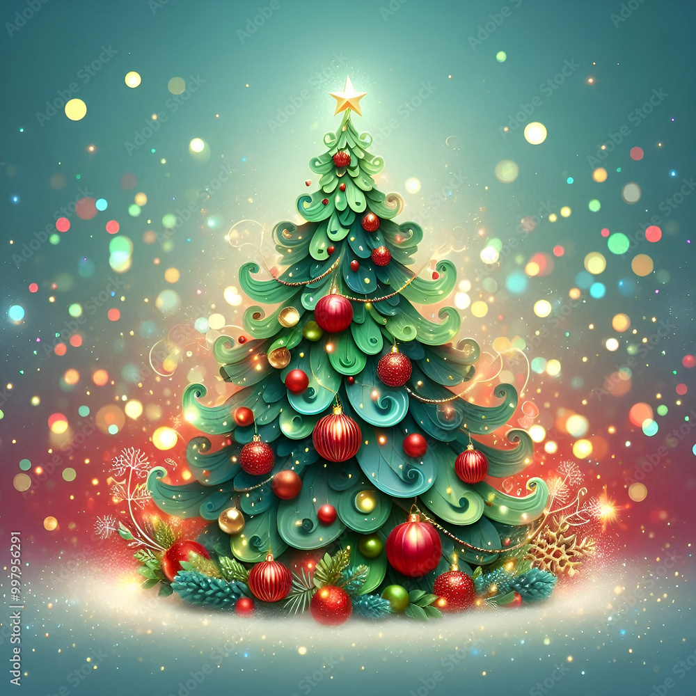 Festive Christmas Background with Tree, Red Baubles, and Twinkling Lights Festive Christmas Background with Tree, Red Baubles, and Twinkling Lights