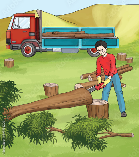 Lumberjack who cuts down trees in a green forest cartoon character.