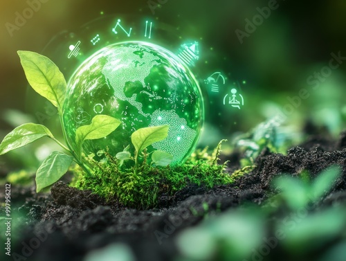 2408 101.A vibrant green sphere of the Earth spins gently above a young plant sprouting from moss-covered soil. Surrounding the globe are glowing ecological green energy icons, symbolizing renewable