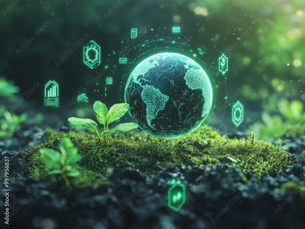 2408 113.A detailed digital Earth floats above a young plant growing from moss, encircled by green icons representing various forms of clean energy. The scene symbolizes the integration of ecological 2408 113.A detailed digital Earth floats above a young plant growing from moss, encircled by green icons representing various forms of clean energy. The scene symbolizes the integration of ecological