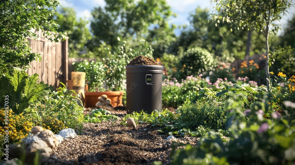 Obraz premium A garden with a smart compost system that monitors decomposition and suggests optimal times for fertilizer use in the garden