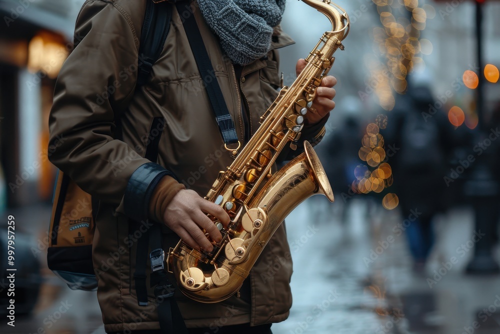 Naklejka premium A man is holding a gold saxophone in a city street