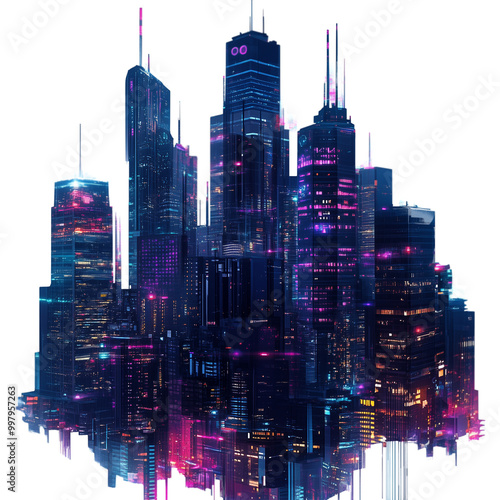 Cyberpunk night city isolated on transparent background photo