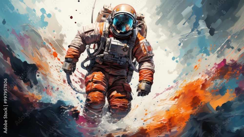 A man in a space suit is flying through a colorful, abstract background A man in a space suit is flying through a colorful, abstract background
