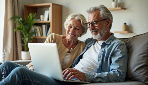 Cheerful retired couple sitting on the couch comfortably shopping online from their living room using laptop
