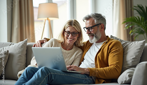 Cheerful retired couple sitting on the couch comfortably shopping online from their living room using laptop