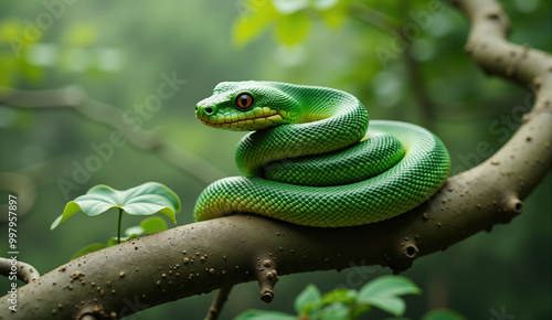 Green snake on tree branch photo